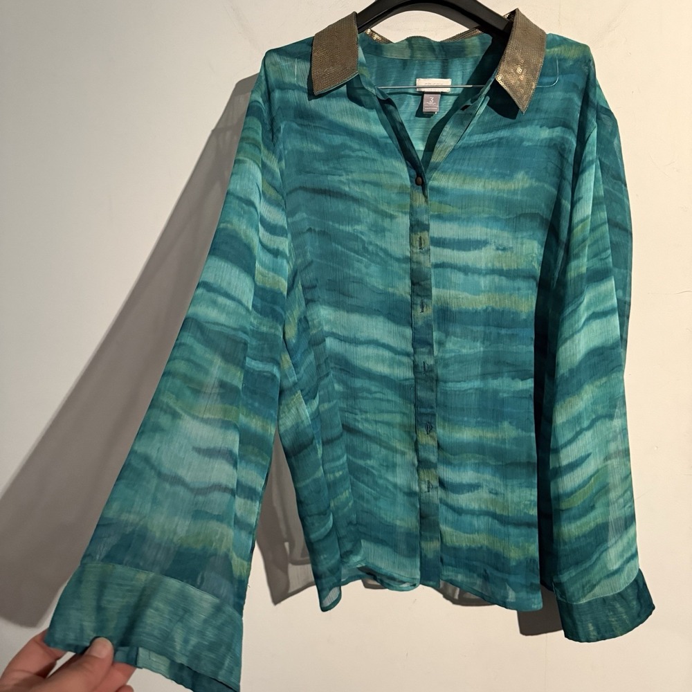 Chicos Size 3 Women's 16 Top Sheer Sequin Accent Colorful Travel Button Down‎